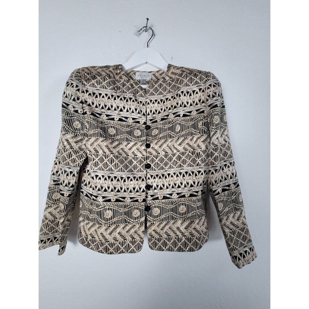 Papell Petites Womens Beige Black Geometric Pattern Button-Up Jacket Blazer 10P